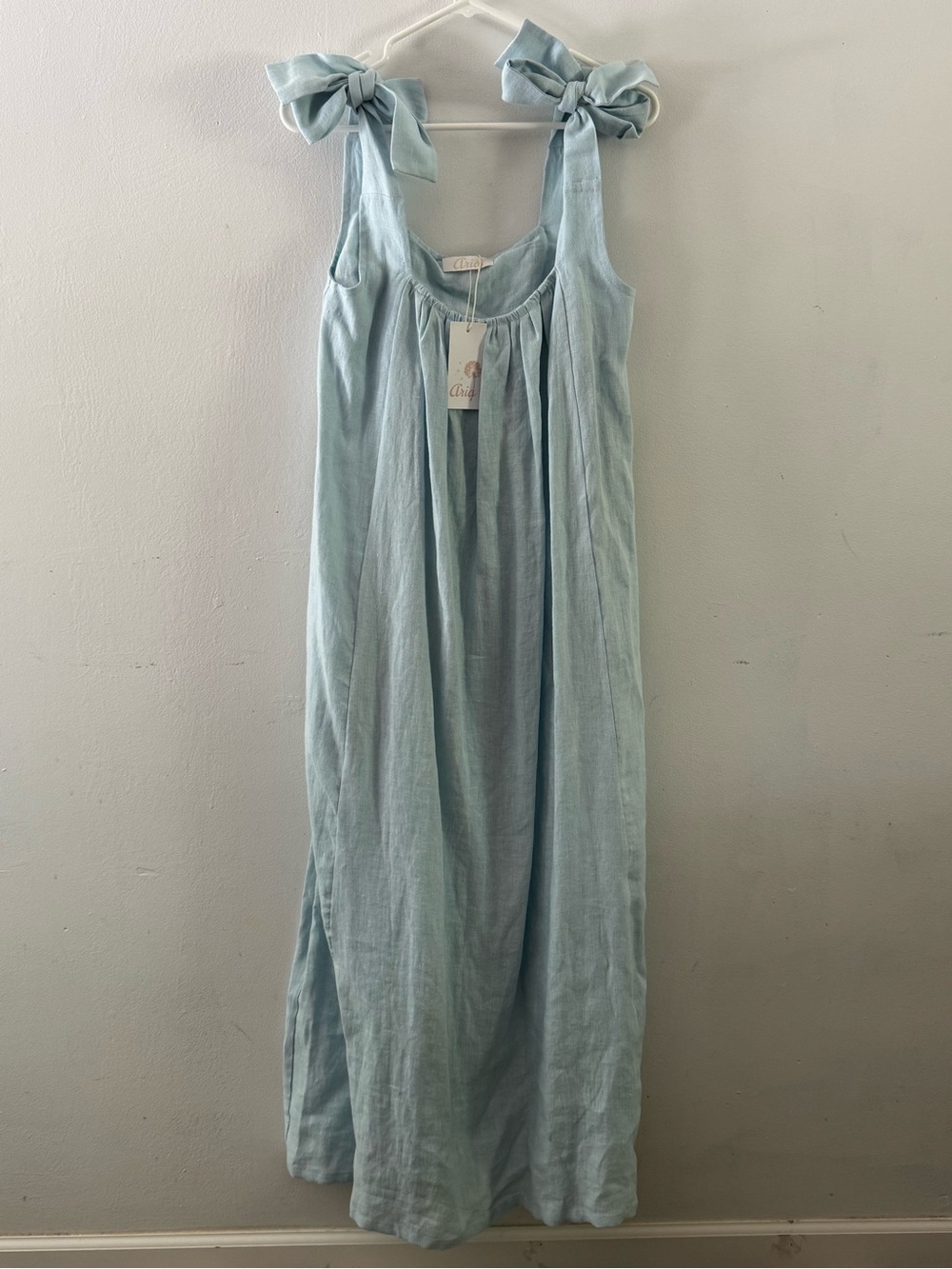 NWT Aria Light Blue Linen Feel Tie-Shoulder Maxi Dress Sz L